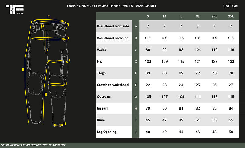 TF-2215 Echo Three Outdoor Broek – Ranger Groen maattabel