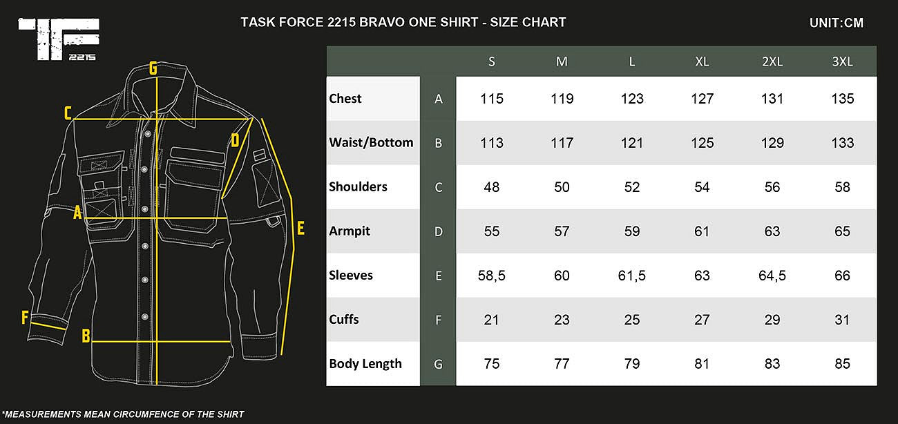 TF-2215 Bravo One Shirt – Ranger Groen maattabel
