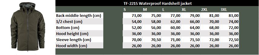 TF-2215 Waterproof Hardshell Jas – Ranger zwart en green maattabel