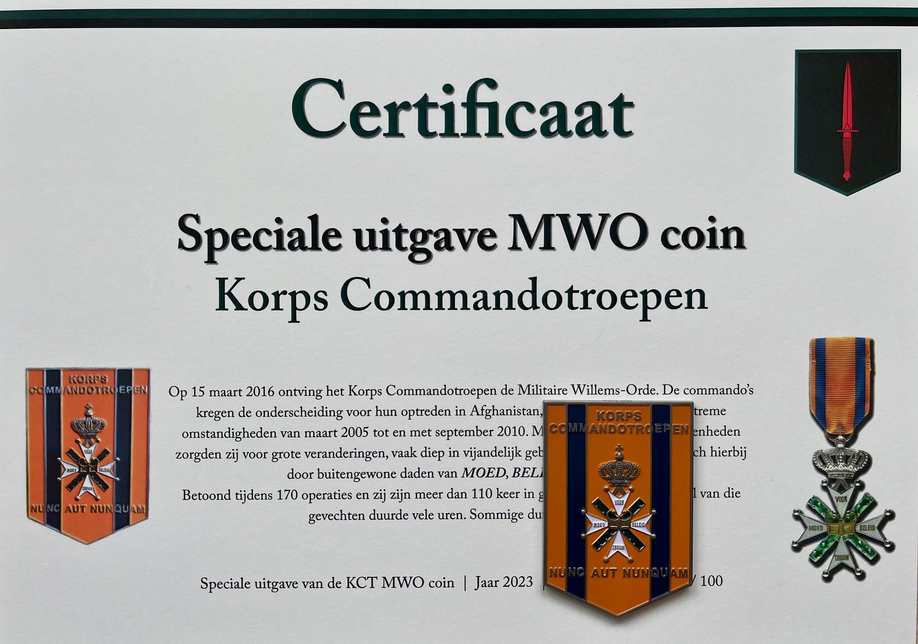 Coin KCT Militaire Willemsorde certificaat