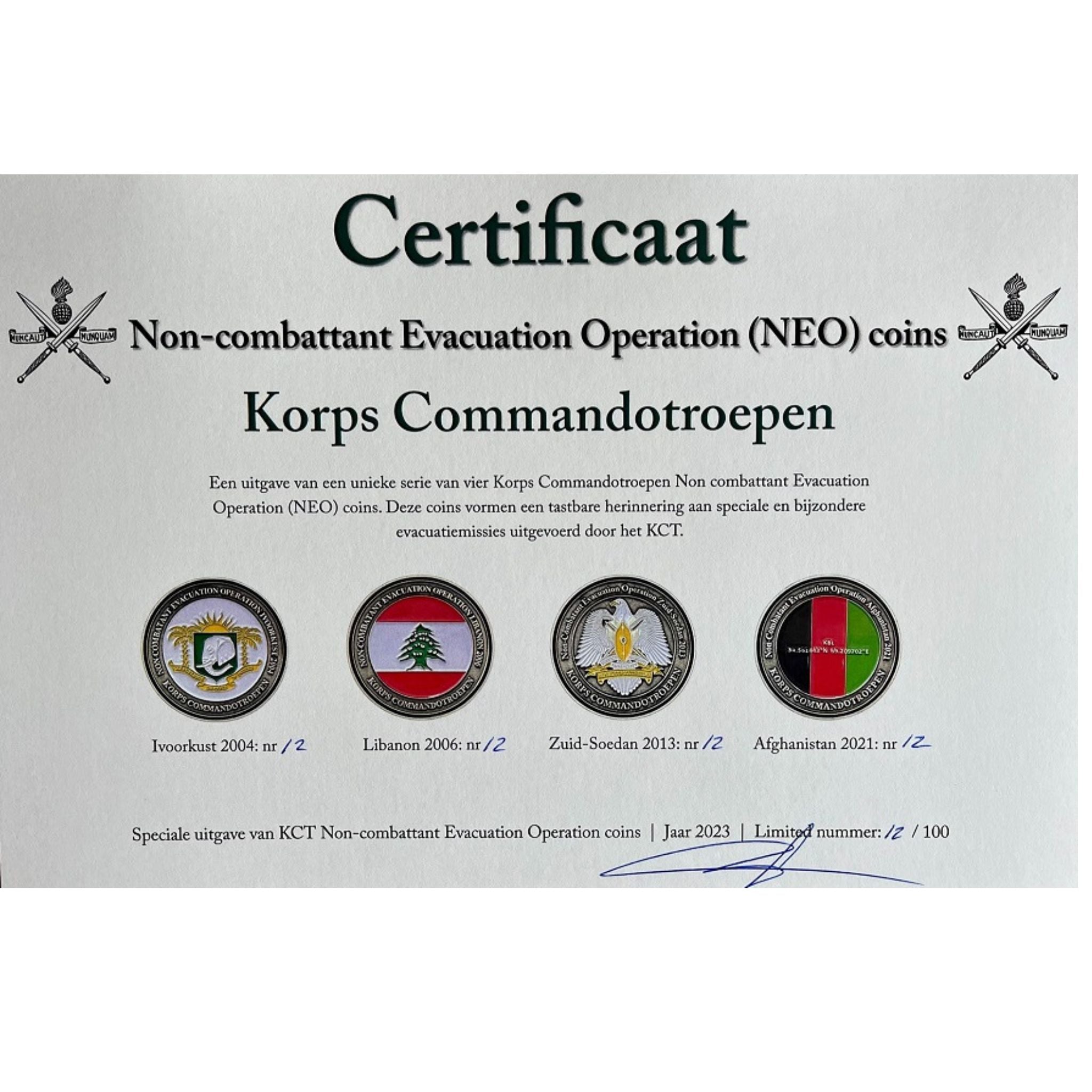 KCT Non-Combattant Evacuation Operation (NEO) Coins – Set van 4 certificaat