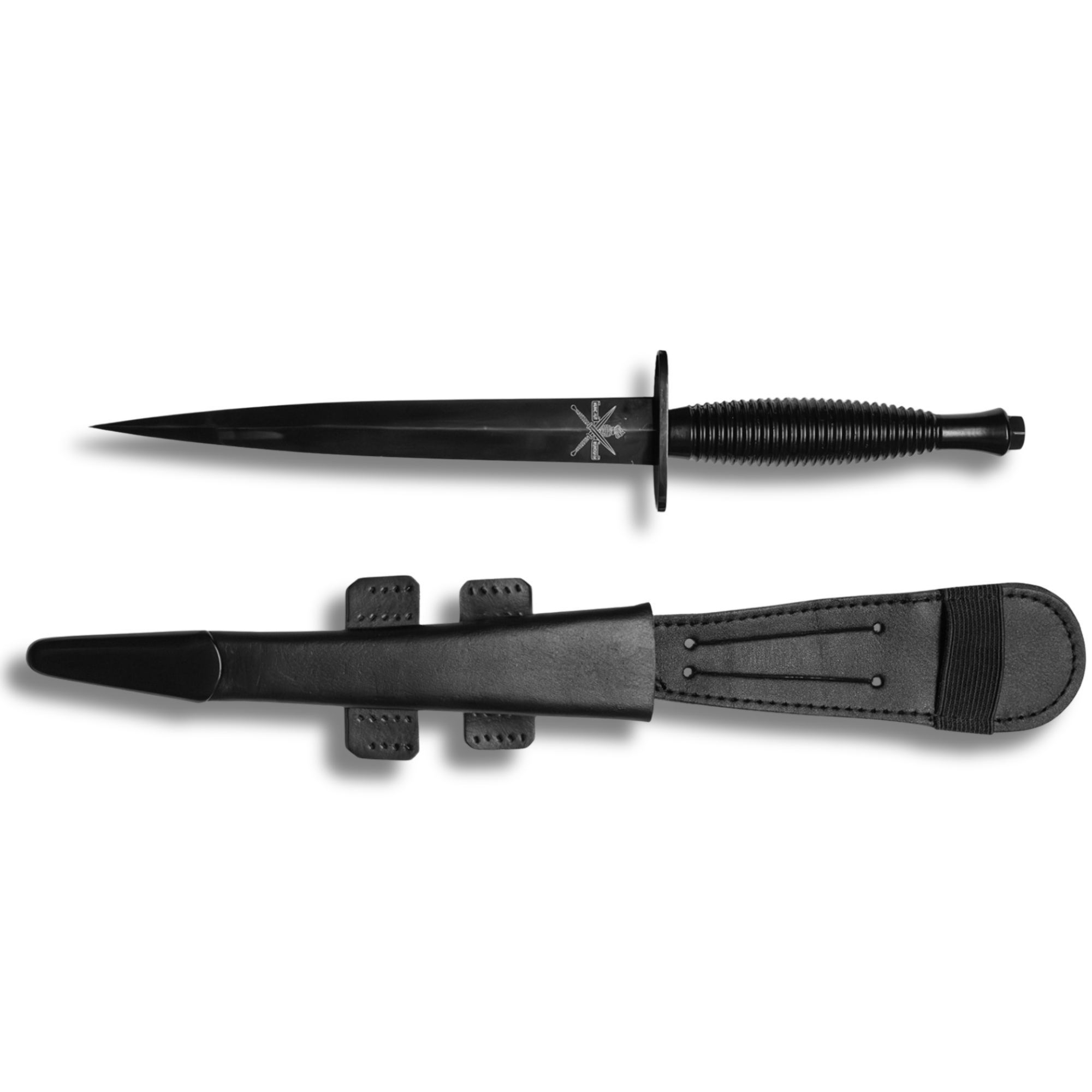 Fairbairn Sykes Dolk Black Edition met KCT korpslogo en lederen schacht