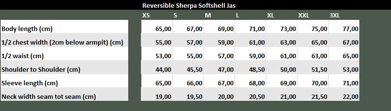 maattabel Sherpa jas