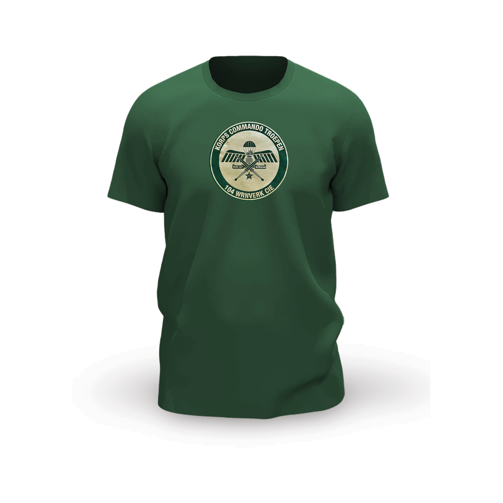 T-Shirt 104 WRNVERKCIE – groen met goudkleurig logo front